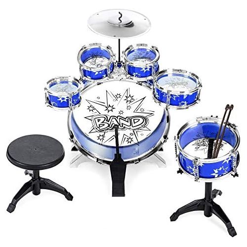  [아마존베스트]Best Choice Products 11-Piece Kids Starter Drum Set with Bass, Tom Drums, Snare, Cymbal, Stool, Blue