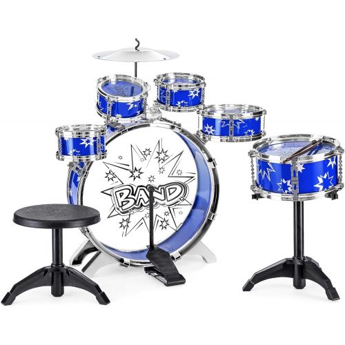  [아마존베스트]Best Choice Products 11-Piece Kids Starter Drum Set with Bass, Tom Drums, Snare, Cymbal, Stool, Blue