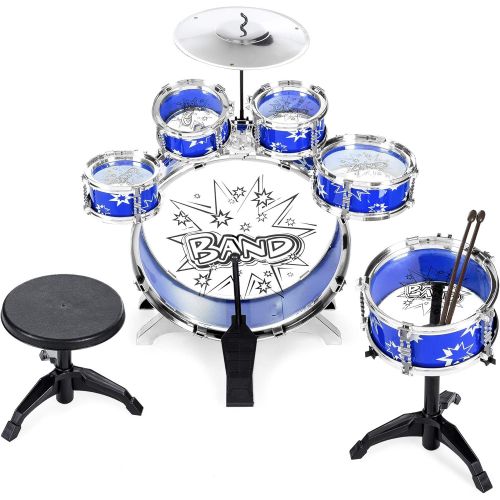  [아마존베스트]Best Choice Products 11-Piece Kids Starter Drum Set with Bass, Tom Drums, Snare, Cymbal, Stool, Blue