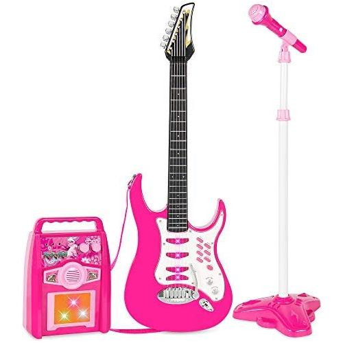  [아마존베스트]Best Choice Products Kids Electric Musical Guitar Toy Play Set w/ 6 Demo Songs, Whammy Bar, Microphone, Amp, AUX - Pink