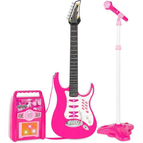  [아마존베스트]Best Choice Products Kids Electric Musical Guitar Toy Play Set w/ 6 Demo Songs, Whammy Bar, Microphone, Amp, AUX - Pink