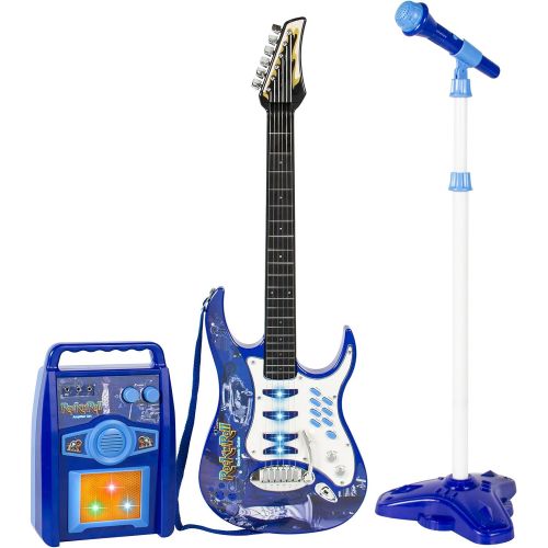  [아마존베스트]Best Choice Products Kids Electric Musical Guitar Toy Play Set w/ 6 Demo Songs, Whammy Bar, Microphone, Amp, AUX - Blue