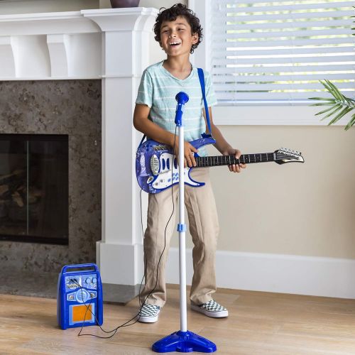  [아마존베스트]Best Choice Products Kids Electric Musical Guitar Toy Play Set w/ 6 Demo Songs, Whammy Bar, Microphone, Amp, AUX - Blue