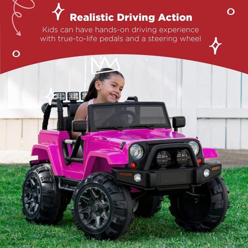  Best Choice Products Kids 12V Ride On Truck, Battery Powered Toy Car w/ Spring Suspension, Remote Control, 3 Speeds, LED Lights, Bluetooth Pink