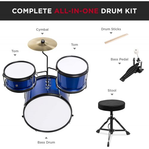  Best Choice Products 3-Piece Kids Beginner Drum Set w/ Cushioned Stool, Drum Pedal, Blue