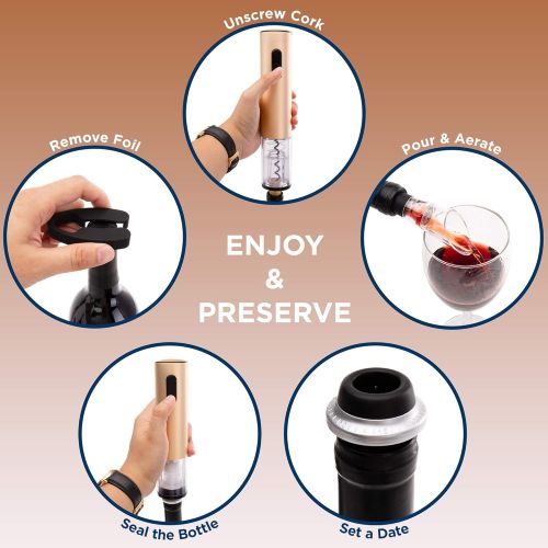  [아마존베스트]Best Choice Products 7-Piece Aluminum Alloy Electric Cordless Wine Bottle Opener & Vacuum Preserver Gift Set w/Aerator, Foil Cutter, 2 Stoppers, LED Charging Base - Rose Gold