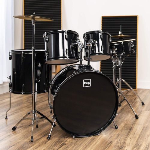  [아마존베스트]Best Choice Products 5-Piece Full Size Complete Adult Drum Set w/ Cymbal Stands, Stool, Drum Pedal, Sticks, Floor Tom (Black)