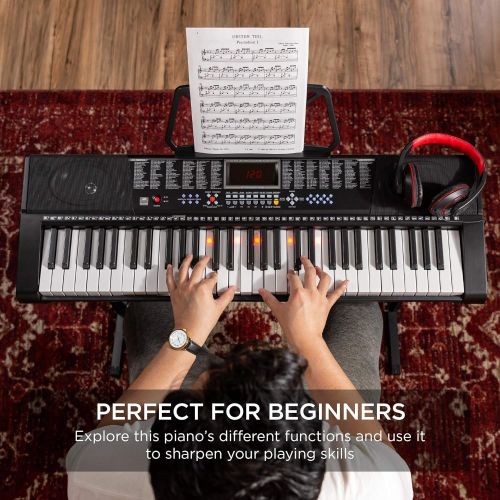  [아마존베스트]Best Choice Products 61-Key Beginners Electronic Keyboard Piano Set w/LED Screen, Lighted Keys, Recorder, 3 Teaching Modes, H-Stand, Stool, Headphones (Black)