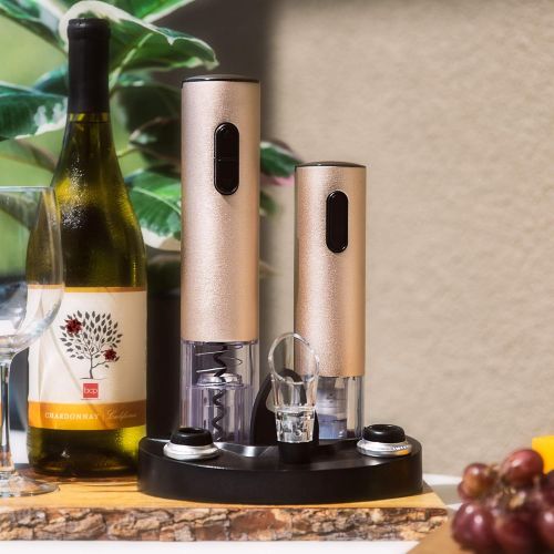  [아마존베스트]Best Choice Products 7-Piece Aluminum Alloy Electric Cordless Wine Bottle Opener & Vacuum Preserver Gift Set w/Aerator, Foil Cutter, 2 Stoppers, LED Charging Base - Rose Gold