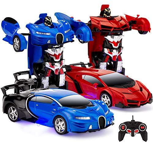  [아마존베스트]Best Choice Products Set of 2 1/18 Scale Interactive RC Remote Control Transforming Drifting Robot Sports Car Action Figure Toys w/ 1 Button Transformation, Light and Sounds