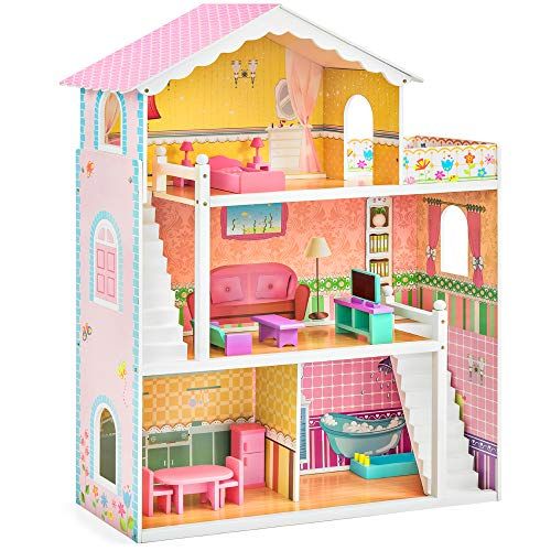  Best Choice Products 44in 3-Story Wood Dollhouse Mansion Playset, Large Open Pretend Play w/ 5 Colorful Rooms, 17 Furniture Pieces, Compatible w/ Major Brands