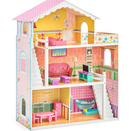  Best Choice Products 44in 3-Story Wood Dollhouse Mansion Playset, Large Open Pretend Play w/ 5 Colorful Rooms, 17 Furniture Pieces, Compatible w/ Major Brands