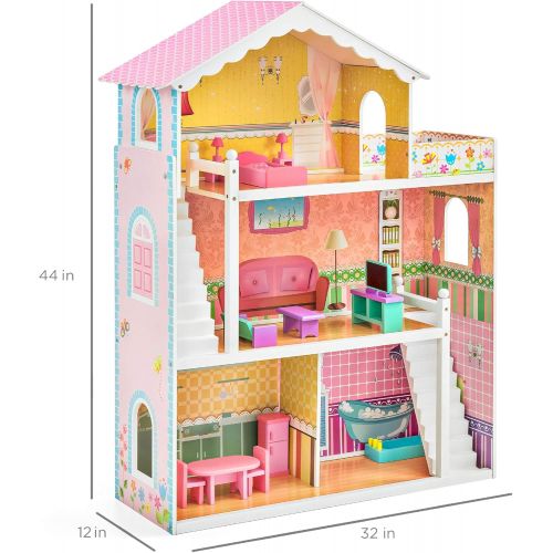  Best Choice Products 44in 3-Story Wood Dollhouse Mansion Playset, Large Open Pretend Play w/ 5 Colorful Rooms, 17 Furniture Pieces, Compatible w/ Major Brands