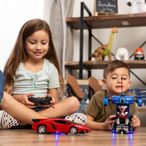  Best Choice Products Set of 2 1/18 Scale Interactive RC Remote Control Transforming Drifting Robot Sports Car Action Figure Toys w/ 1 Button Transformation, Light and Sounds