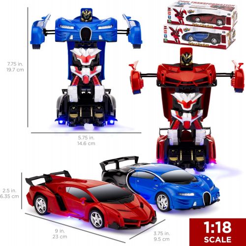  Best Choice Products Set of 2 1/18 Scale Interactive RC Remote Control Transforming Drifting Robot Sports Car Action Figure Toys w/ 1 Button Transformation, Light and Sounds