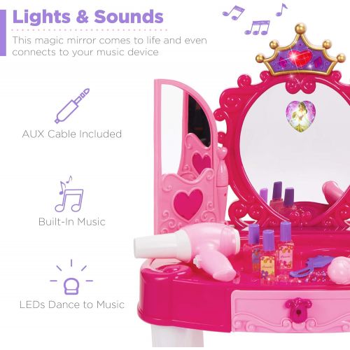  BEST CHOICE PRODUCTS Best Choice Products Kids Princess Vanity Toy Set w Stool, 16 Pretend Accessories, Mirror, Keyboard, Lights - Pink