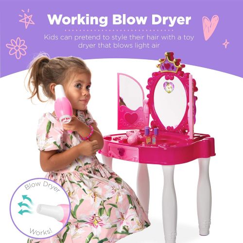  BEST CHOICE PRODUCTS Best Choice Products Kids Princess Vanity Toy Set w Stool, 16 Pretend Accessories, Mirror, Keyboard, Lights - Pink