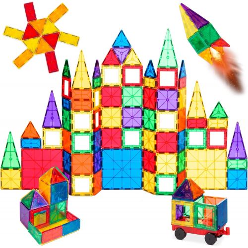  BEST CHOICE PRODUCTS Best Choice Products 100-Piece Transparent Rainbow Magnetic Building Geometric Tiles for Fun, Learning, Creative and Motor Skill Development w Wagon and Carrying Case - Multi