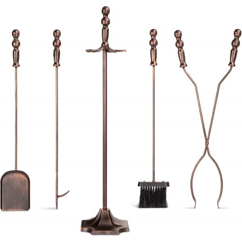  Best Choice Products 5-Piece Rustic Indoor Outdoor Fireplace Hearth Wrought Iron Fire Wood Tool Set w/Tongs, Poker, Broom, Shovel, Stand - Copper