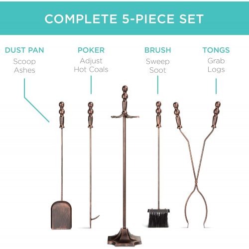  Best Choice Products 5-Piece Rustic Indoor Outdoor Fireplace Hearth Wrought Iron Fire Wood Tool Set w/Tongs, Poker, Broom, Shovel, Stand - Copper