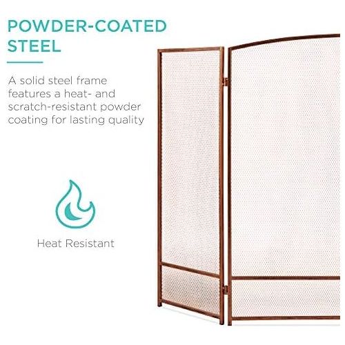  Best Choice Products 47x29in 3-Panel Simple Steel Mesh Fireplace Screen, Fire Spark Guard Grate for Living Room Home Decor w/Rustic Worn Finish - Copper