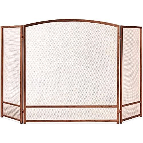  Best Choice Products 47x29in 3-Panel Simple Steel Mesh Fireplace Screen, Fire Spark Guard Grate for Living Room Home Decor w/Rustic Worn Finish - Copper