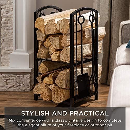  Best Choice Products 5 Piece Indoor Outdoor Wrought Iron Firewood Log Storage Rack Holder Tools Set for Fireplace, Fire Pit, Stove w/Hook, Broom, Shovel, Tongs Black