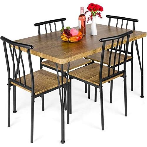  Best Choice Products 5 Piece Metal and Wood Indoor Modern Rectangular Dining Table Furniture Set for Kitchen, Dining Room, Dinette, Breakfast Nook w/ 4 Chairs Brown