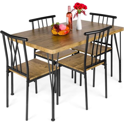  Best Choice Products 5 Piece Metal and Wood Indoor Modern Rectangular Dining Table Furniture Set for Kitchen, Dining Room, Dinette, Breakfast Nook w/ 4 Chairs Brown