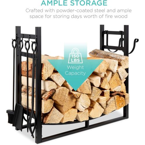  Best Choice Products 34.25in Firewood Log Rack & Tool Set Steel Wood Storage Accessory for Indoor Outdoor Fire Pit, Fireplace w/Kindling Holder, Shovel, Poker, Tongs, Brush