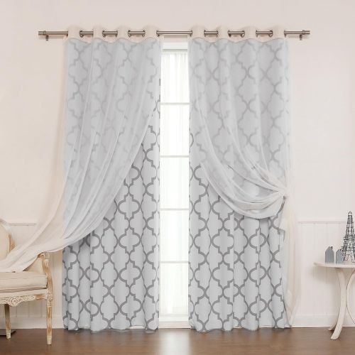  Best Home Fashion Mix & Match Muji Sheer Linen and Room Darkening Reverse Moroccan Print Curtain Set  Stainless Steel Nickel Grommet Top  Grey  52W x 96L  (2 Curtains and 2 She