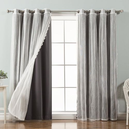  Best Home Fashion Mix & Match Dotted Tulle Lace & Solid Blackout Curtain Set  Antique Bronze Grommet Top  Lilac  52 W x 84 L  (2 Curtains and 2 Sheer Curtains)