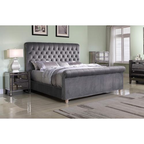  Best Master Furniture JC100 Jean-Carrie Upholstered Sleigh Bed Cal. King Grey