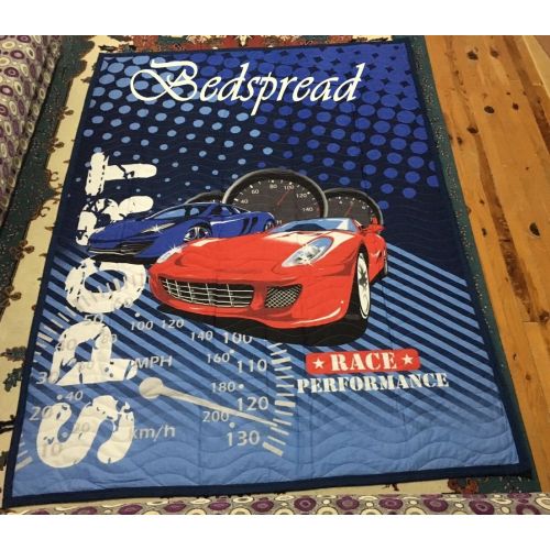  BestClass Bekata Sport Race Cars Quilt Set, Kids Cars Bedding Quilted Bedspread,100 Percent Cotton Blue Boys Bedding Set, 3 Pcs - Twin Size