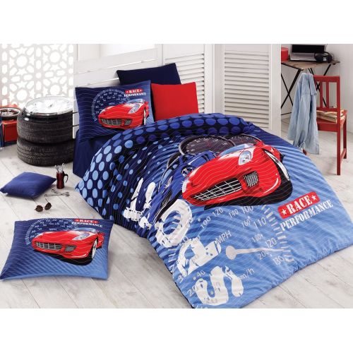  BestClass Bekata Sport Race Cars Quilt Set, Kids Cars Bedding Quilted Bedspread,100 Percent Cotton Blue Boys Bedding Set, 3 Pcs - Twin Size