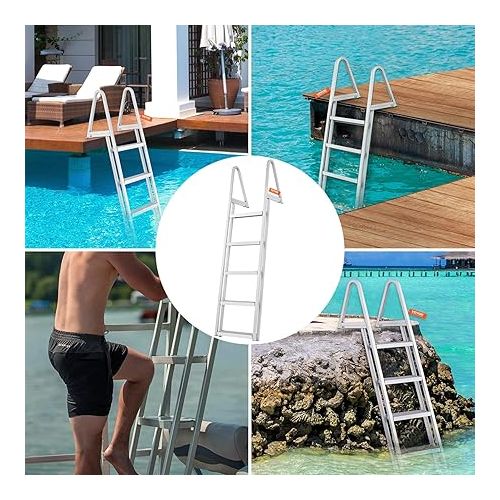  VEVOR Aluminum Dock Ladder 5 Steps, Removable Boat Ladder 16-Inch Wide Step, Pontoon Ladder Pool Stairs w/Handrails for Marine Boarding Lake Pool Dock