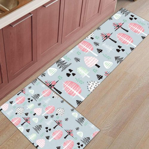  BestLives Kitchen Rugs Set of 2 Piece Floor Mats Non-Slip Rubber Backing Area Rugs Cute Forest Tree Gray Washable Carpet Inside Door Mat Pad Sets