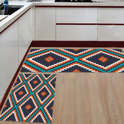  BestLives Kitchen Rugs Set of 2 Piece Floor Mats Non-Slip Rubber Backing Area Rugs Retro Geometric Pattern Aztec Tribal Square Washable Carpet Inside Door Mat Pad Sets