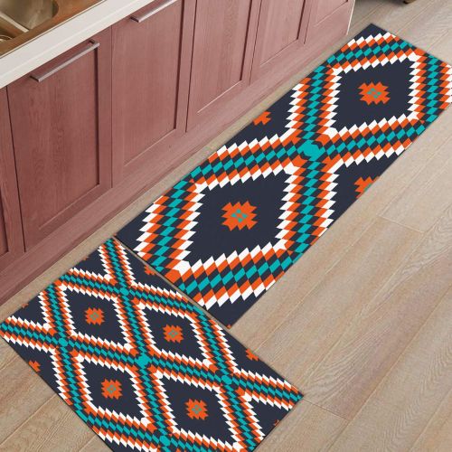  BestLives Kitchen Rugs Set of 2 Piece Floor Mats Non-Slip Rubber Backing Area Rugs Retro Geometric Pattern Aztec Tribal Square Washable Carpet Inside Door Mat Pad Sets