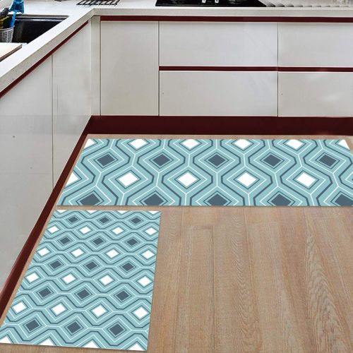  BestLives Kitchen Rugs Set of 2 Piece Floor Mats Non-Slip Rubber Backing Area Rugs Teal Geomrtric Pattern Square Washable Carpet Inside Door Mat Pad Sets