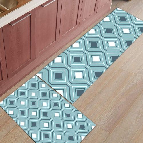  BestLives Kitchen Rugs Set of 2 Piece Floor Mats Non-Slip Rubber Backing Area Rugs Teal Geomrtric Pattern Square Washable Carpet Inside Door Mat Pad Sets