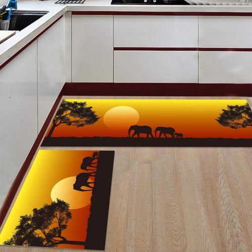  BestLives Kitchen Rugs Set of 2 Piece Floor Mats Non-Slip Rubber Backing Area Rugs Elephant Family African Sunset Tree Washable Carpet Inside Door Mat Pad Sets