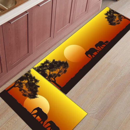  BestLives Kitchen Rugs Set of 2 Piece Floor Mats Non-Slip Rubber Backing Area Rugs Elephant Family African Sunset Tree Washable Carpet Inside Door Mat Pad Sets