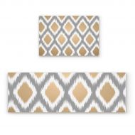 BestLives Kitchen Rugs Set of 2 Piece Floor Mats Non-Slip Rubber Backing Area Rugs Beige Gray Ethnic Boho Ikat Pattern Washable Carpet Inside Door Mat Pad Sets