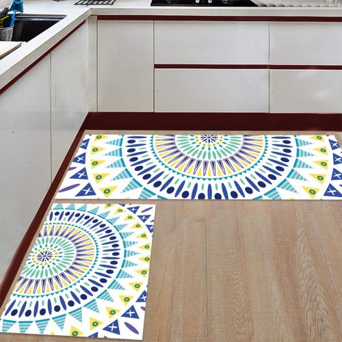  BestLives Kitchen Rugs Set of 2 Piece Floor Mats Non-Slip Rubber Backing Area Rugs Mandala Bohemian Flower Modern Geometric Colorful Washable Carpet Inside Door Mat Pad Sets