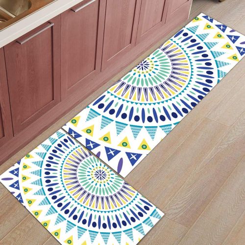  BestLives Kitchen Rugs Set of 2 Piece Floor Mats Non-Slip Rubber Backing Area Rugs Mandala Bohemian Flower Modern Geometric Colorful Washable Carpet Inside Door Mat Pad Sets