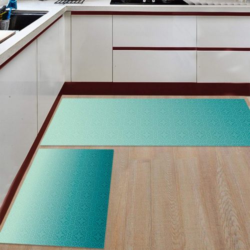  BestLives Kitchen Rugs Set of 2 Piece Floor Mats Non-Slip Rubber Backing Area Rugs Ombre Teal Classical Floral Pattern Washable Carpet Inside Door Mat Pad Sets