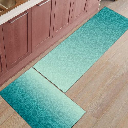  BestLives Kitchen Rugs Set of 2 Piece Floor Mats Non-Slip Rubber Backing Area Rugs Ombre Teal Classical Floral Pattern Washable Carpet Inside Door Mat Pad Sets