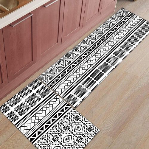  BestLives Kitchen Rugs Set of 2 Piece Floor Mats Non-Slip Rubber Backing Area Rugs Bohemian Tribal Pattern Black White Washable Carpet Inside Door Mat Pad Sets