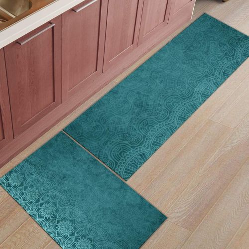  BestLives Kitchen Rugs Set of 2 Piece Floor Mats Non-Slip Rubber Backing Area Rugs Cool Mandala Teal Washable Carpet Inside Door Mat Pad Sets